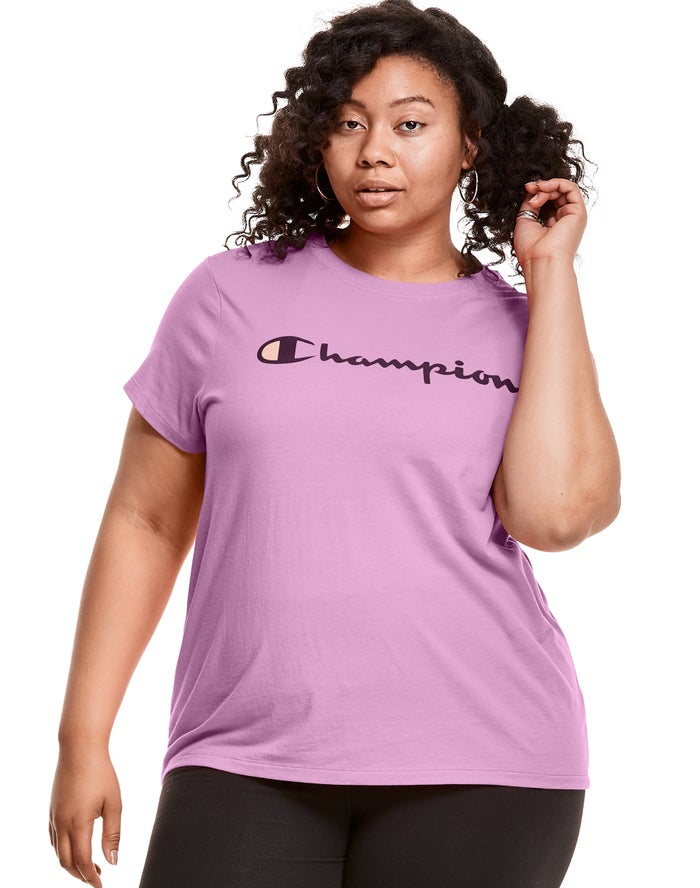 Champion Dame T-Shirts Lyserød - Plus Classic Script Logo - Danmark FHU-920153